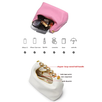 DORIS&JACKY Small Top Handle Clutch Bag Women Designer Goatskin Crossbody Purse With Pearl Handle And Detachable Metal Chain (White)