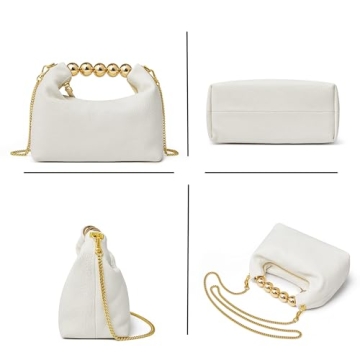 DORIS&JACKY Small Top Handle Clutch Bag Women Designer Goatskin Crossbody Purse With Pearl Handle And Detachable Metal Chain (White)