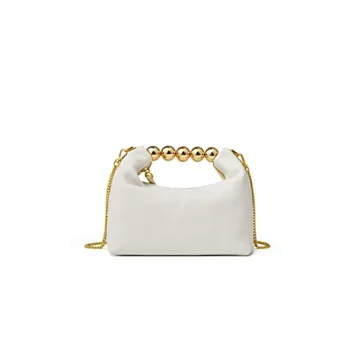 DORIS&JACKY Small Top Handle Clutch Bag Women Designer Goatskin Crossbody Purse With Pearl Handle And Detachable Metal Chain (White)