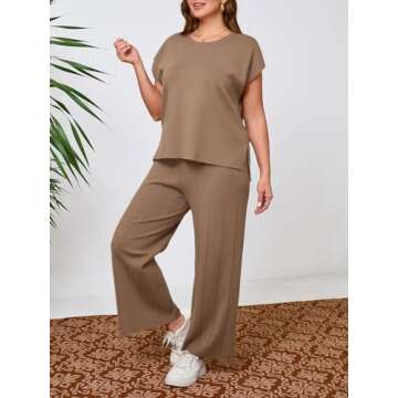 Beautife Womens Plus Size Lounge Sets Knit 2 Piece Outfits Cap Sleeve Tops and Wide Leg Pants Vacation Sweater Set Khaki