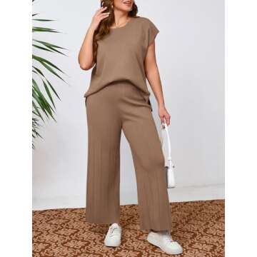 Beautife Womens Plus Size Lounge Sets Knit 2 Piece Outfits Cap Sleeve Tops and Wide Leg Pants Vacation Sweater Set Khaki