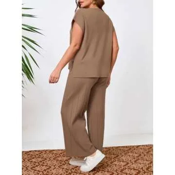 Beautife Womens Plus Size Lounge Sets Knit 2 Piece Outfits Cap Sleeve Tops and Wide Leg Pants Vacation Sweater Set Khaki