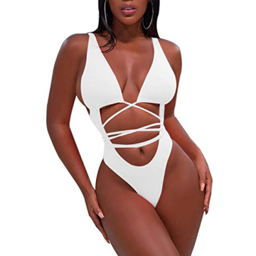 Sovoyontee 2024 Women's White High Cut One Piece Bathing Suit String Thong Bikini Swimsuit Monokini ...