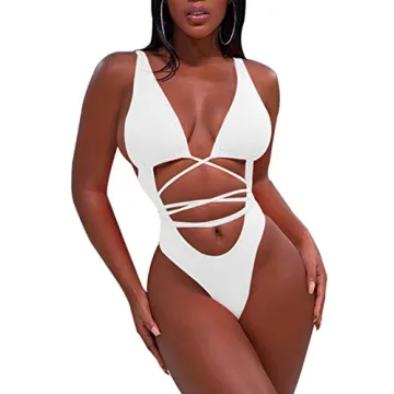 Sovoyontee 2024 Women's White High Cut One Piece Bathing Suit String Thong Bikini Swimsuit Monokini ...
