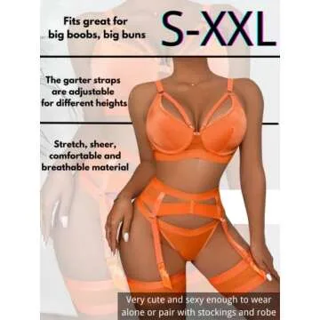 Kaei&Shi Garter Belt Thong Lingerie for Women,Strappy Hollow Out Sexy Lingerie,Underwire Mesh Sheer Matching 4 Piece Lingerie Set Boudoir Orange 4X-Large