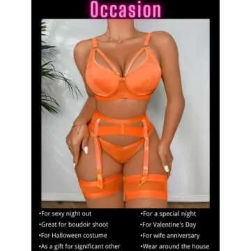 Kaei&Shi Garter Belt Thong Lingerie for Women,Strappy Hollow Out Sexy Lingerie,Underwire Mesh Sheer Matching 4 Piece Lingerie Set Boudoir Orange 4X-Large