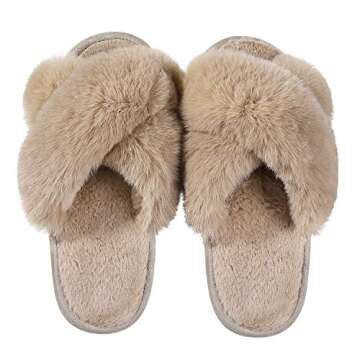 Comwarm Women's Cross Band Fuzzy Slippers Fluffy Open Toe House Slippers Cozy Plush Bedroom Shoes Indoor Outdoor, Camel Size 7-8