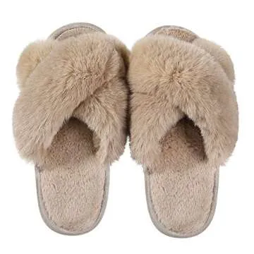 Comwarm Women's Cross Band Fuzzy Slippers Fluffy Open Toe House Slippers Cozy Plush Bedroom Shoes Indoor Outdoor, Camel Size 7-8