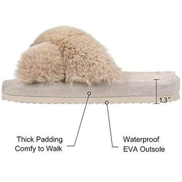 Comwarm Women's Cross Band Fuzzy Slippers Fluffy Open Toe House Slippers Cozy Plush Bedroom Shoes Indoor Outdoor, Camel Size 7-8