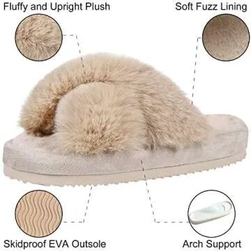 Comwarm Women's Cross Band Fuzzy Slippers Fluffy Open Toe House Slippers Cozy Plush Bedroom Shoes Indoor Outdoor, Camel Size 7-8