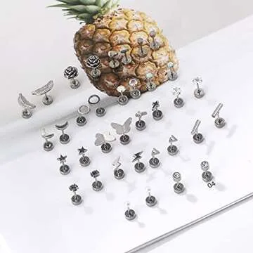 18 Pairs Cartilage Stud Earrings Set for Women Men Star Triangle Moon Heart Disc Ball CZ Small Stainless Steel Geometric Barbell Flatback Piercing (Silver)