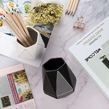 Gimane Pencil Holder for Desk Organizer,Special Polyhedron Golden Pattern Ceramic Pen Holder [Pen Cup] [Makeup Brush Holder] Creative Gift for Desktop Supplies,School Life (White)