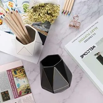 Gimane Pencil Holder for Desk Organizer,Special Polyhedron Golden Pattern Ceramic Pen Holder [Pen Cup] [Makeup Brush Holder] Creative Gift for Desktop Supplies,School Life (White)