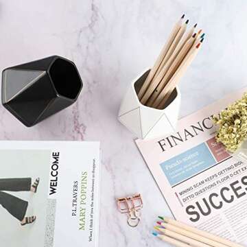 Gimane Pencil Holder for Desk Organizer,Special Polyhedron Golden Pattern Ceramic Pen Holder [Pen Cup] [Makeup Brush Holder] Creative Gift for Desktop Supplies,School Life (White)