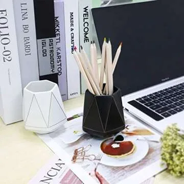 Gimane Pencil Holder for Desk Organizer,Special Polyhedron Golden Pattern Ceramic Pen Holder [Pen Cup] [Makeup Brush Holder] Creative Gift for Desktop Supplies,School Life (White)