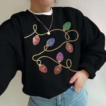 BANGELY Christmas Sequin Sweatshirt Women Christmas Light Sweatshirts Xmas Long Sleeve Shirts Holiday Crewneck Pullover Tops Black