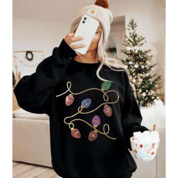 BANGELY Christmas Sequin Sweatshirt Women Christmas Light Sweatshirts Xmas Long Sleeve Shirts Holiday Crewneck Pullover Tops Black