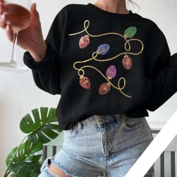 BANGELY Christmas Sequin Sweatshirt Women Christmas Light Sweatshirts Xmas Long Sleeve Shirts Holiday Crewneck Pullover Tops Black