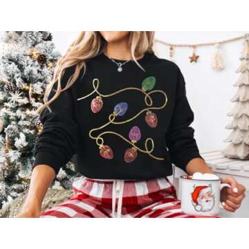 BANGELY Christmas Sequin Sweatshirt Women Christmas Light Sweatshirts Xmas Long Sleeve Shirts Holiday Crewneck Pullover Tops Black