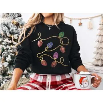 BANGELY Christmas Sequin Sweatshirt Women Christmas Light Sweatshirts Xmas Long Sleeve Shirts Holiday Crewneck Pullover Tops Black