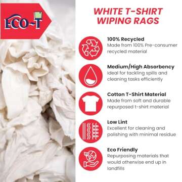 Eco-T Paint Rags - White T-Shirt Material, 100% Recycled, Eco-Friendly, High Absorbency, Low Lint, Low-Cost, Painting and Cleaning Cloth (1 Lb Bag)