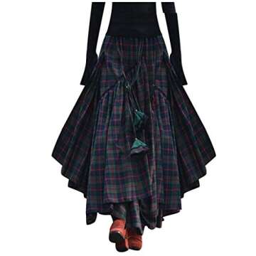aihihe Women Ladies Full Ankle Length Plaid Print Retro A Line Maxi Long Skirt Elastic Waist Fringe ...