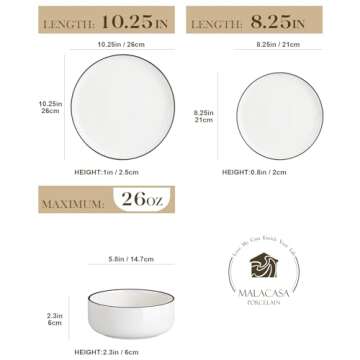 MALACASA Plates and Bowls Sets, 12 Pieces Modern Porcelain Dinnerware Set for 4 White Kitchen Dinner...