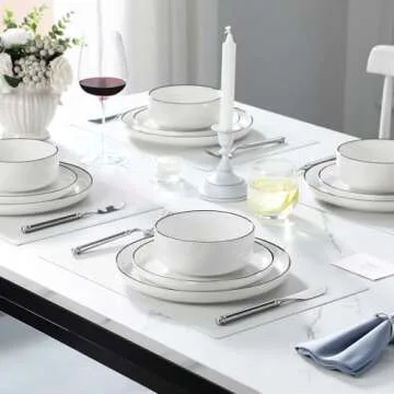 MALACASA Plates and Bowls Sets, 12 Pieces Modern Porcelain Dinnerware Set for 4 White Kitchen Dinner Dining Ware Set wtih Black Rim Ceramic Dishware Dishes Microwave and Dishwasher Safe, Series LUNA