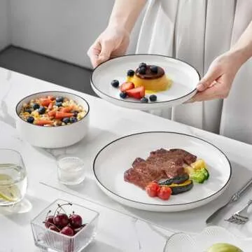 MALACASA Plates and Bowls Sets, 12 Pieces Modern Porcelain Dinnerware Set for 4 White Kitchen Dinner Dining Ware Set wtih Black Rim Ceramic Dishware Dishes Microwave and Dishwasher Safe, Series LUNA