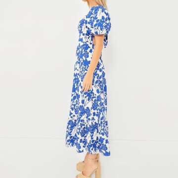 Womens 2024 Blue and White Floral Open Back Midi Dress Puff Sleeve Sweetheart Neckline Pleated Silho...