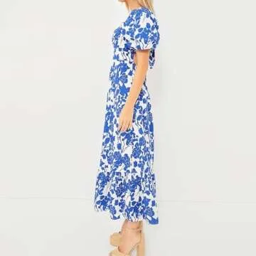 Womens 2024 Blue and White Floral Open Back Midi Dress Puff Sleeve Sweetheart Neckline Pleated Silho...