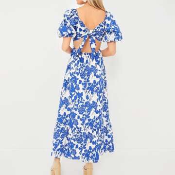 Womens 2024 Blue and White Floral Open Back Midi Dress Puff Sleeve Sweetheart Neckline Pleated Silhouette A-line Casual Skirt