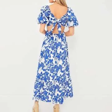 Womens 2024 Blue and White Floral Open Back Midi Dress Puff Sleeve Sweetheart Neckline Pleated Silhouette A-line Casual Skirt
