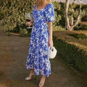 Womens 2024 Blue and White Floral Open Back Midi Dress Puff Sleeve Sweetheart Neckline Pleated Silhouette A-line Casual Skirt