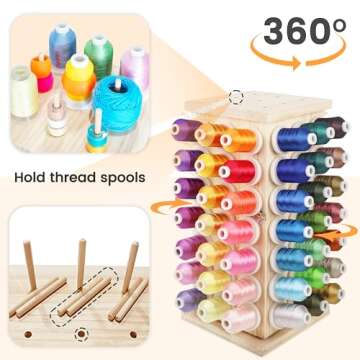 New brothread 93 Spools (DIY) 360° Fully Rotating Wooden Thread Rack/Thread Holder Organizer with Inner Storage Compartments for Sewing, Quilting, Embroidery, Hair-braiding and Jewelry