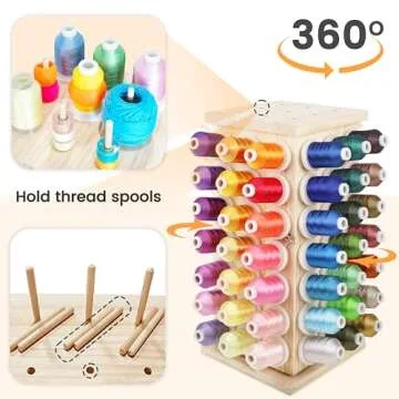 New brothread 93 Spools (DIY) 360° Fully Rotating Wooden Thread Rack/Thread Holder Organizer with Inner Storage Compartments for Sewing, Quilting, Embroidery, Hair-braiding and Jewelry