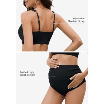 Zando Ribbed High Waist Maternity Swimsuit Two Piece Pregnancy Swimwear Bikini Bathing Suits for Women Maternity Two-Piece Swimsuits for Women with Tank Top & High Waist Bottom Black Small