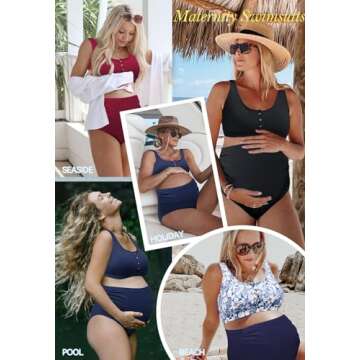 Zando Ribbed High Waist Maternity Swimsuit Two Piece Pregnancy Swimwear Bikini Bathing Suits for Women Maternity Two-Piece Swimsuits for Women with Tank Top & High Waist Bottom Black Small
