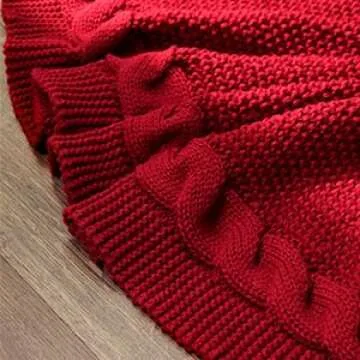 LimBridge Knitted Christmas Tree Skirt: 36 Inches Wine Red Tree Skirt, Chunky Cable Knit Thick Rustic Christmas Tree Decorations, Farmhouse Christmas Decor Xmas Holiday Home Party Decorations