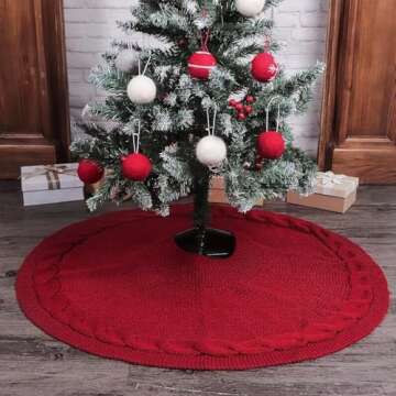 LimBridge Knitted Christmas Tree Skirt: 36 Inches Wine Red Tree Skirt, Chunky Cable Knit Thick Rustic Christmas Tree Decorations, Farmhouse Christmas Decor Xmas Holiday Home Party Decorations