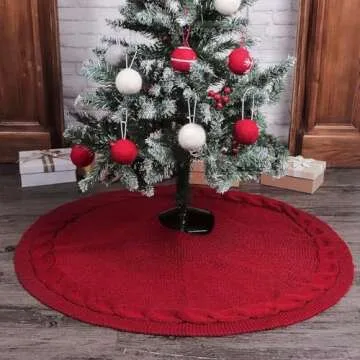 LimBridge Knitted Christmas Tree Skirt: 36 Inches Wine Red Tree Skirt, Chunky Cable Knit Thick Rustic Christmas Tree Decorations, Farmhouse Christmas Decor Xmas Holiday Home Party Decorations