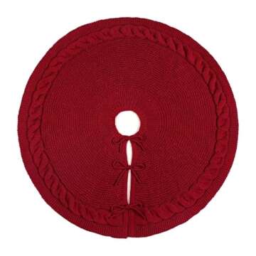 LimBridge Knitted Christmas Tree Skirt: 36 Inches Wine Red Tree Skirt, Chunky Cable Knit Thick Rustic Christmas Tree Decorations, Farmhouse Christmas Decor Xmas Holiday Home Party Decorations