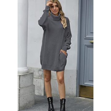 Chic Turtleneck Long Sweater Dress with Pockets