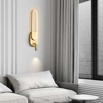 KCO Brass Gold LED Wall Light Indoor Modern LED Wall Sconce Mid Century Vintage Bathroom Vanity Light Fixture Hallway Long Sconces Wall Light Wireless Wall Sconce