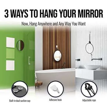 MIRRORVANA Small Shower Mirror for Shaving with 3 Attachment Options: Hook, Suction Cups, Length Adjustable Rope - Portable, Shatterproof, with Bonus Anti-Fog Spray Included - 6" Wide