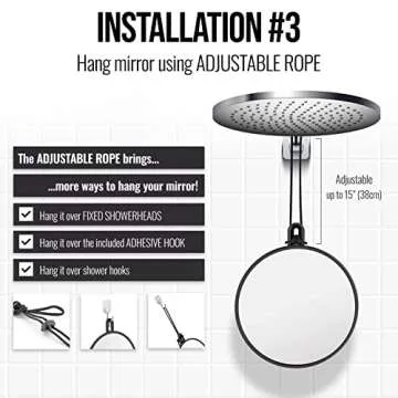 MIRRORVANA Small Shower Mirror for Shaving with 3 Attachment Options: Hook, Suction Cups, Length Adjustable Rope - Portable, Shatterproof, with Bonus Anti-Fog Spray Included - 6" Wide