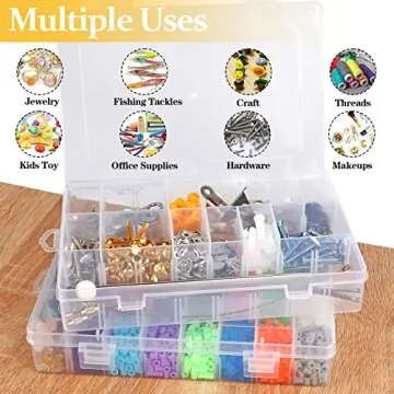 2 Pack 24 Grids Clear Plastic Organizer Box, Storage Container with Adjustable Divider, Craft and Bead Storage Organizer Box for DIY Jewelry Tackles with 2 Sheets Label Stickers