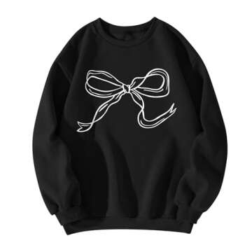 Bow Sweatshirt Oversized Crewneck Sweatshirt Women Cute Graphic Sweatshirts No Hood Fleece Pullover Bow Sweater Cute Teen Preppy Sweat Shirts Long Sleeve Y2k Tops Coquette Clean Girl Aesthetic Clothes