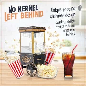 Nostalgia Vintage Hot-Air Popcorn Maker Machine - Makes Up to 12 Cups - Oil-Free - Healthier Popcorn - Classic Stand-Up Cart With Wheels - Includes Kernel Measuring Cup - Black