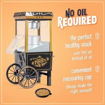 Nostalgia Vintage Hot-Air Popcorn Maker Machine - Makes Up to 12 Cups - Oil-Free - Healthier Popcorn - Classic Stand-Up Cart With Wheels - Includes Kernel Measuring Cup - Black